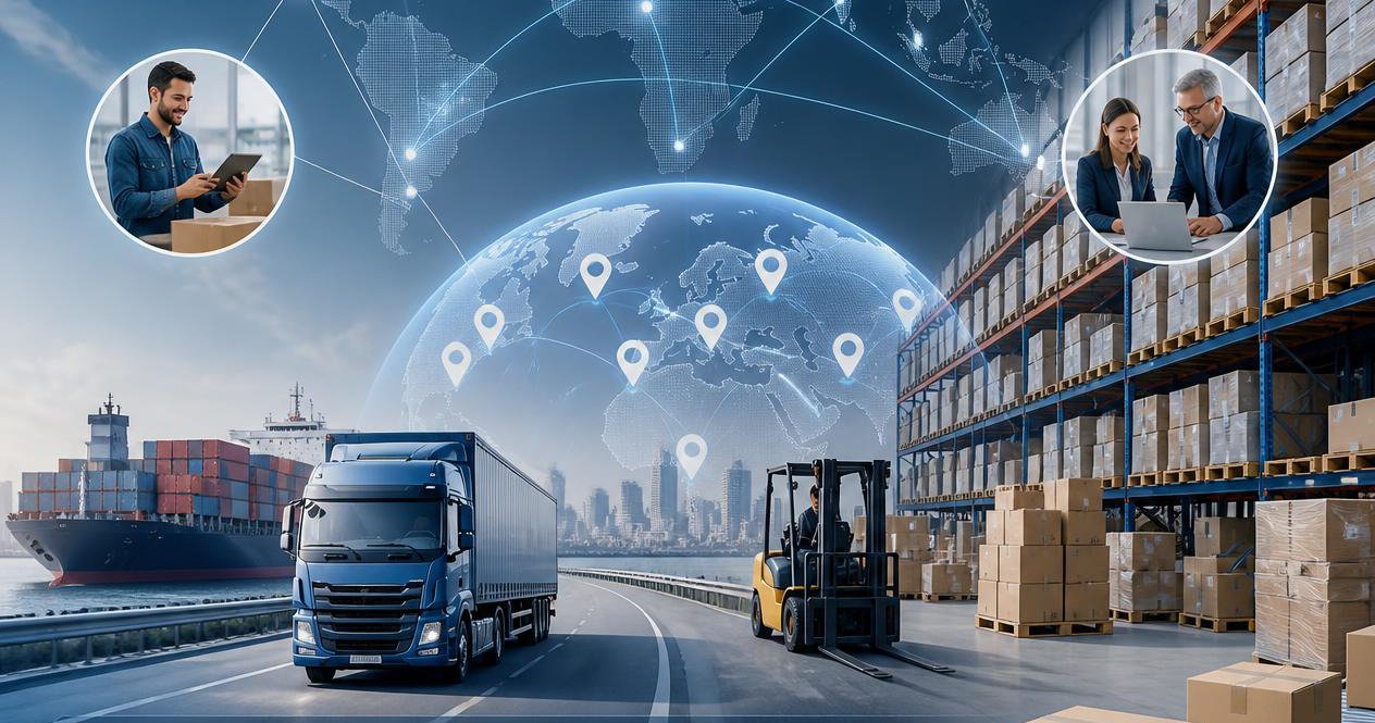 Modern logistics scene with container ships, trucks, warehouse forklifts, and digital globe